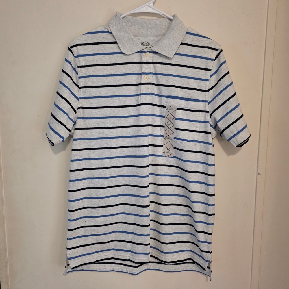 St Johns Bay Mens Polo Shirt Size Small Gray Blue Striped Short Sleeve Pocket